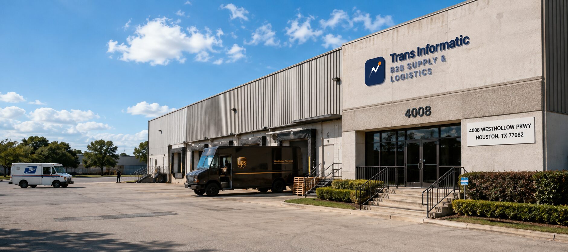 Trans Informatic facility entrance and loading bays under a clear daytime sky