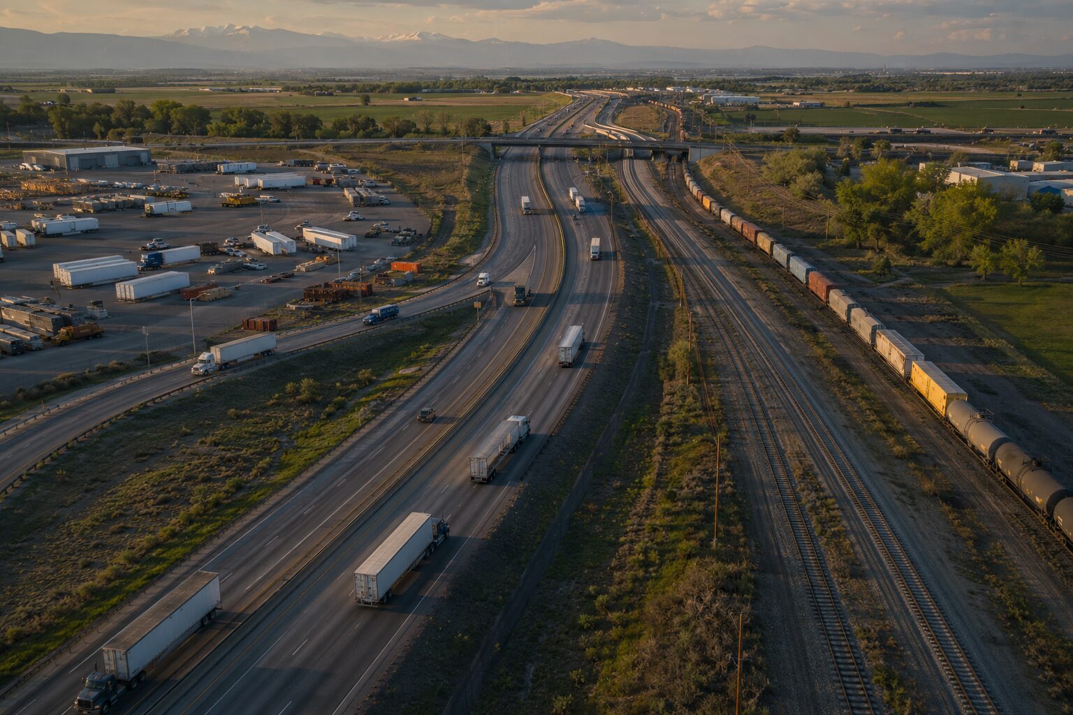 Aerial view of a freight corridor at dusk: trucks on the interstate alongside a rail yard and trailer yard