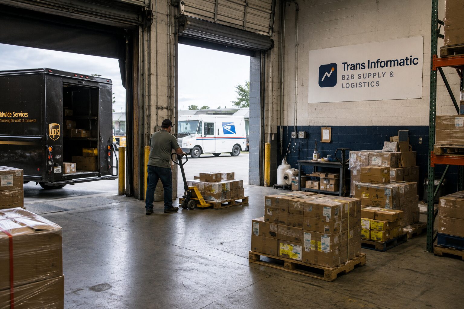 Palletised goods moved to a waiting delivery vehicle at the loading dock