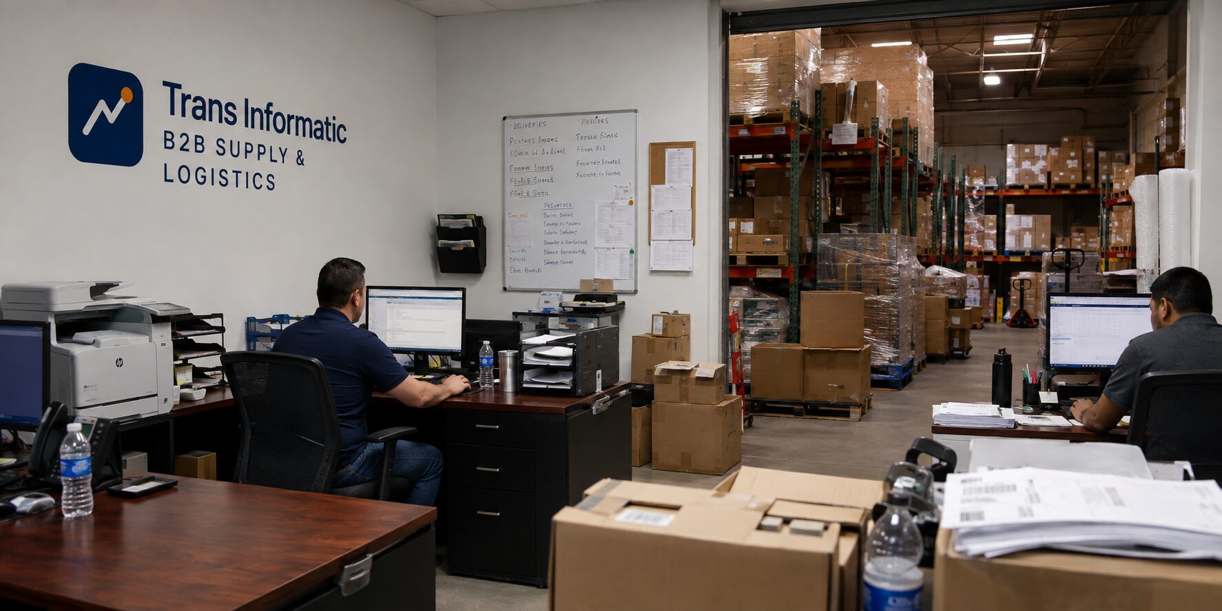 Trans Informatic operations desks with the warehouse floor visible beyond