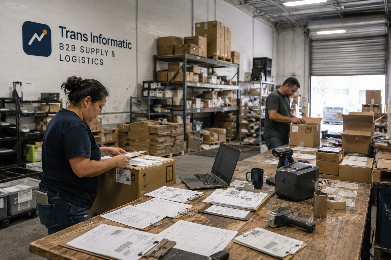 Team member labelling a carton at the receiving bench with paperwork alongside