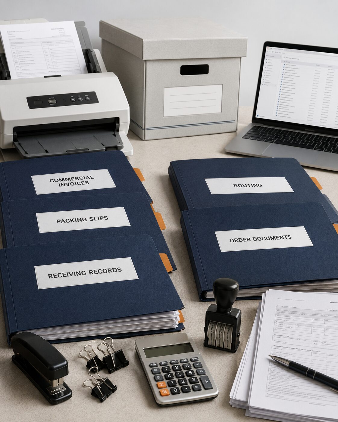 Labelled binders for commercial invoices, packing slips, receiving records, routing and order documents
