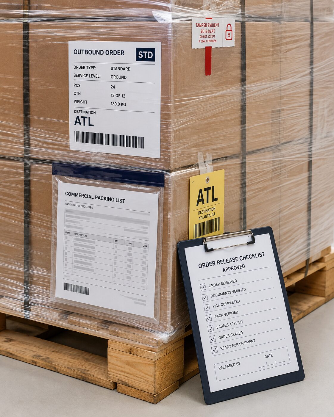 Wrapped outbound pallet with order label, commercial packing list, destination tag and approved order release checklist
