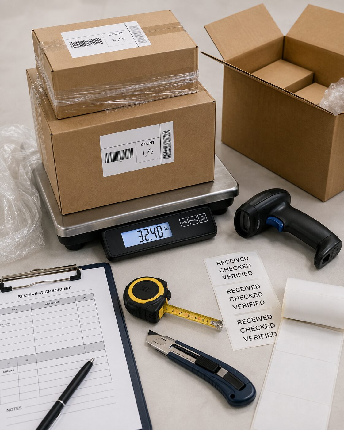 Cartons on a receiving scale with barcode scanner, receiving checklist and Received-Checked-Verified labels