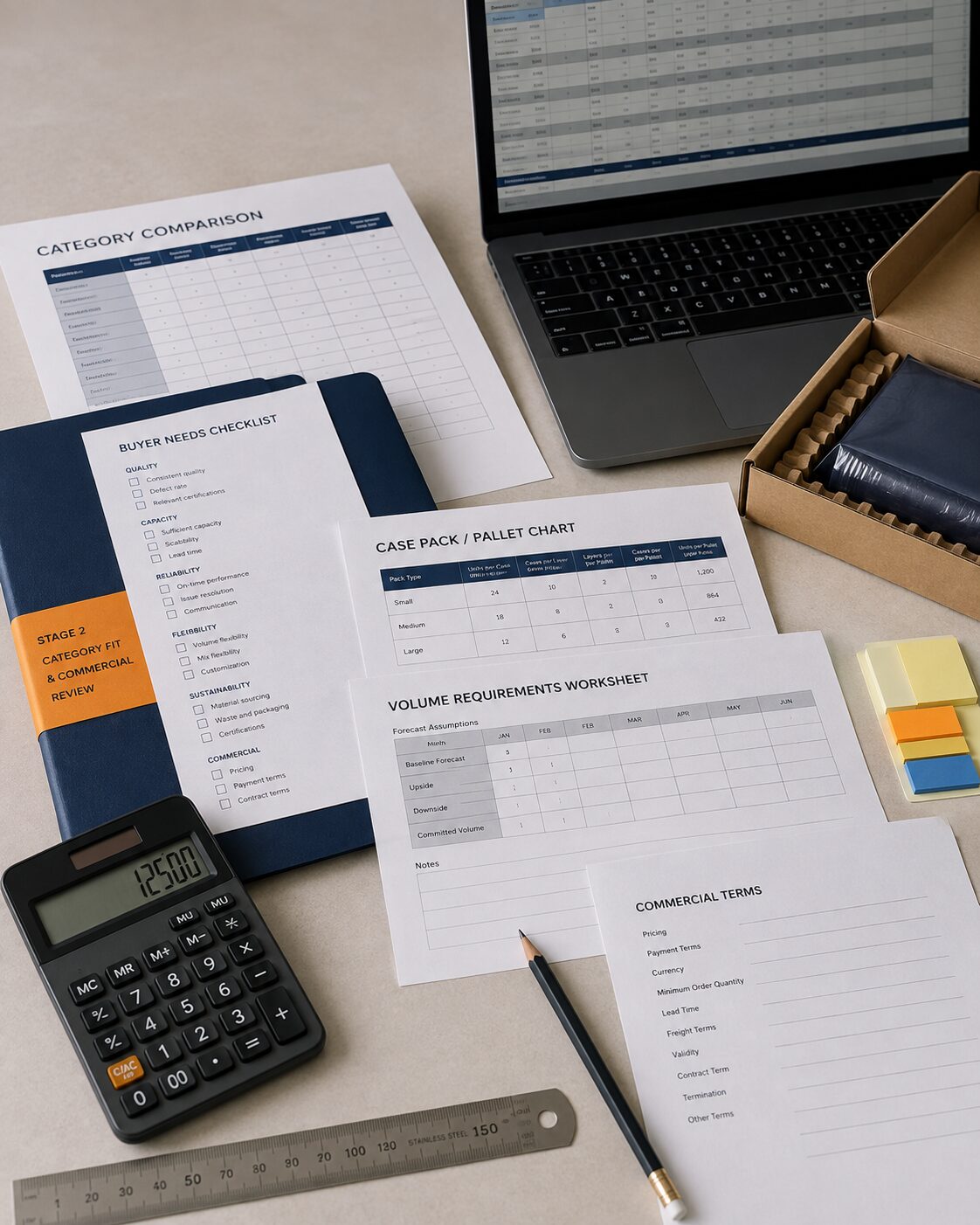 Category comparison, buyer needs checklist, case-pack chart and commercial terms during category-fit review