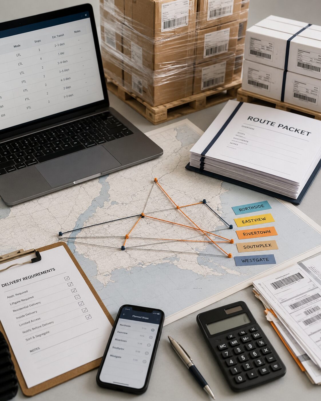 Route planning desk with a routed map, transit mode table, route packet and delivery requirements checklist