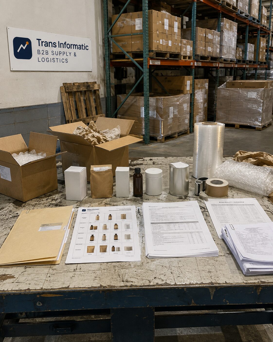 Supplier line sheet and availability overview laid out with sample product on the warehouse bench