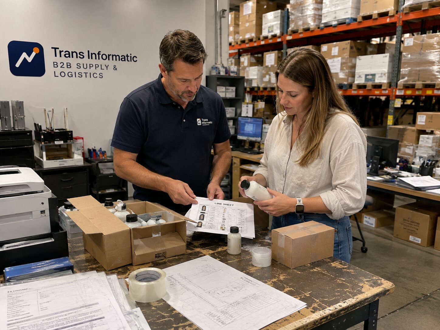 Two colleagues reviewing a supplier line sheet against sample product